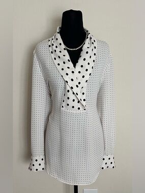 Chico's White Blouse with Black Polka Dot Shawl Collar